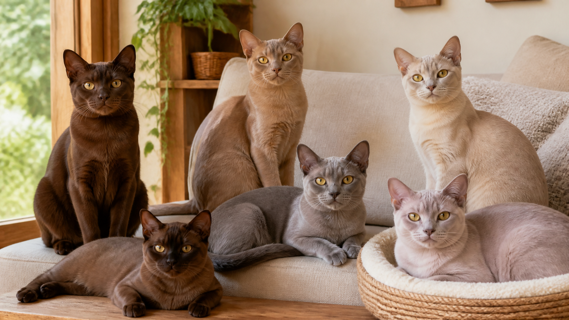 Four Burmese cats in sable, champagne, blue, and platinum colors sitting together on a soft blanket