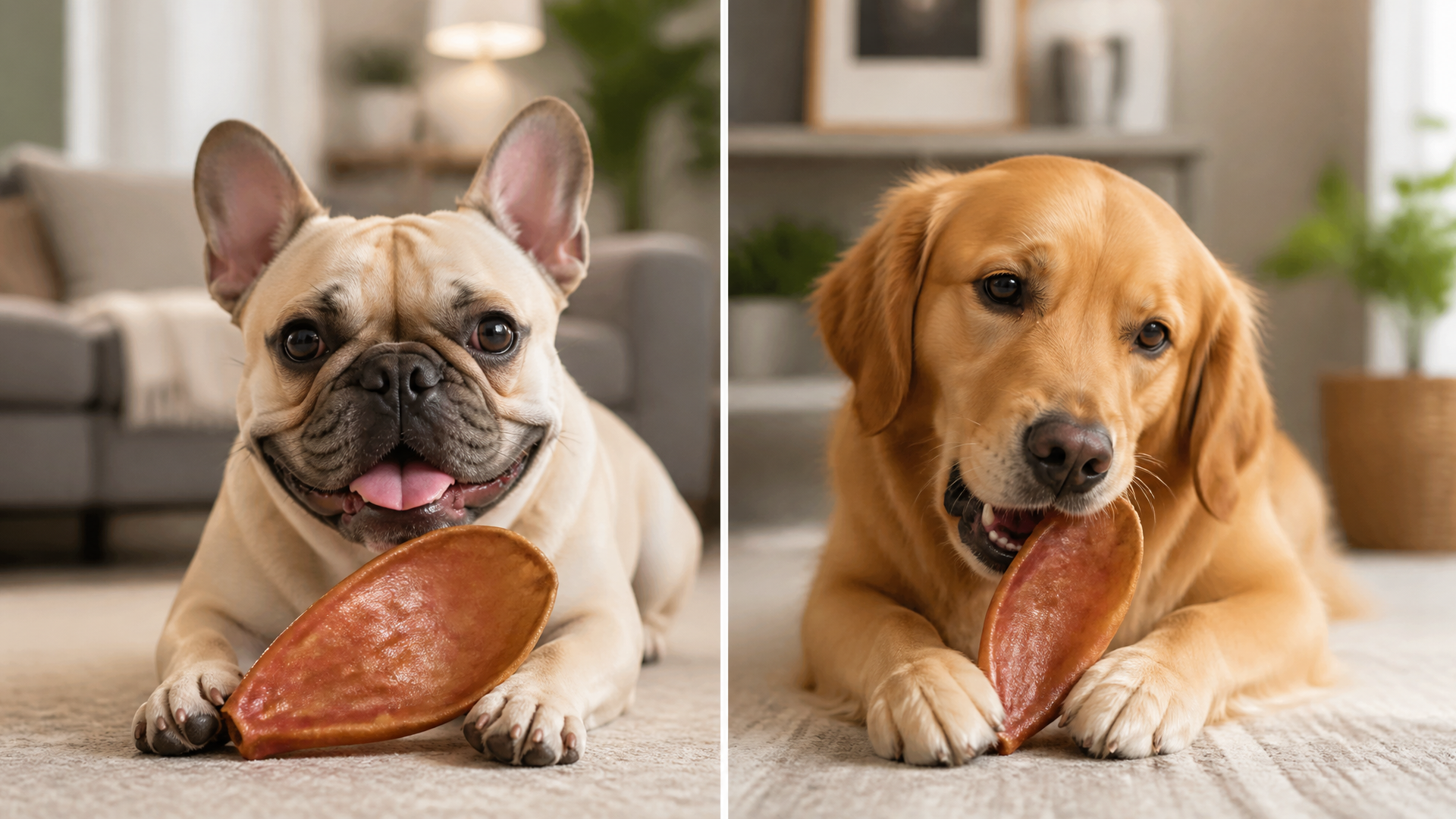 French Bulldog sniffing a pig ear treat on a wooden floor, with a bowl of alternative chews nearby