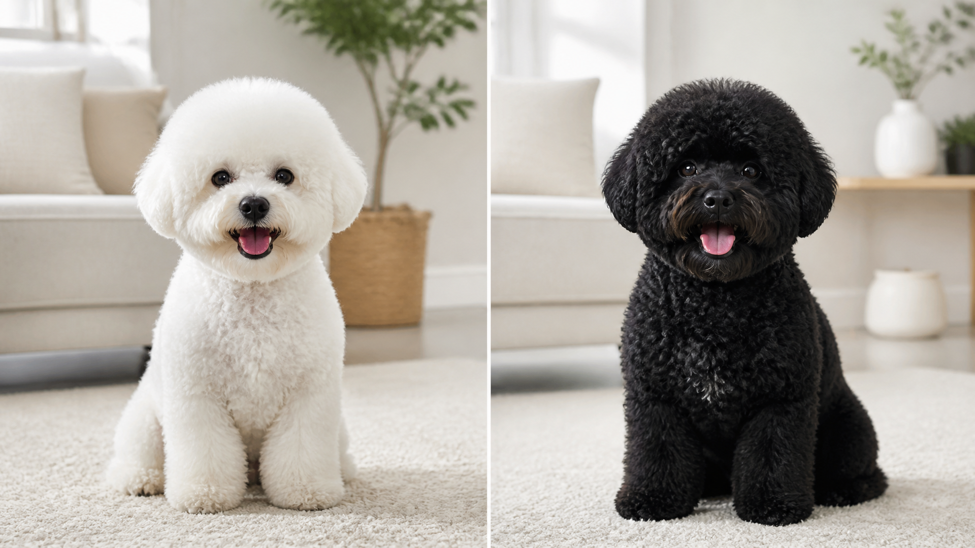 A rare black Bichon Frise with a fluffy dark coat sitting on a grassy lawn, looking at the camera.