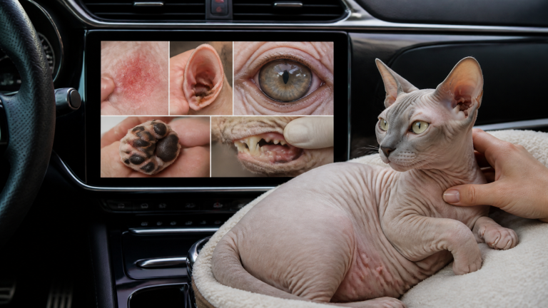 A hairless pregnant Sphynx cat resting on a soft blanket, showing a visible rounded belly.