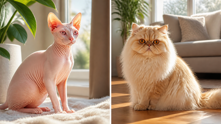 Close-up of an albino Sphynx cat with pink skin and pale blue eyes, sitting on a soft blanket.