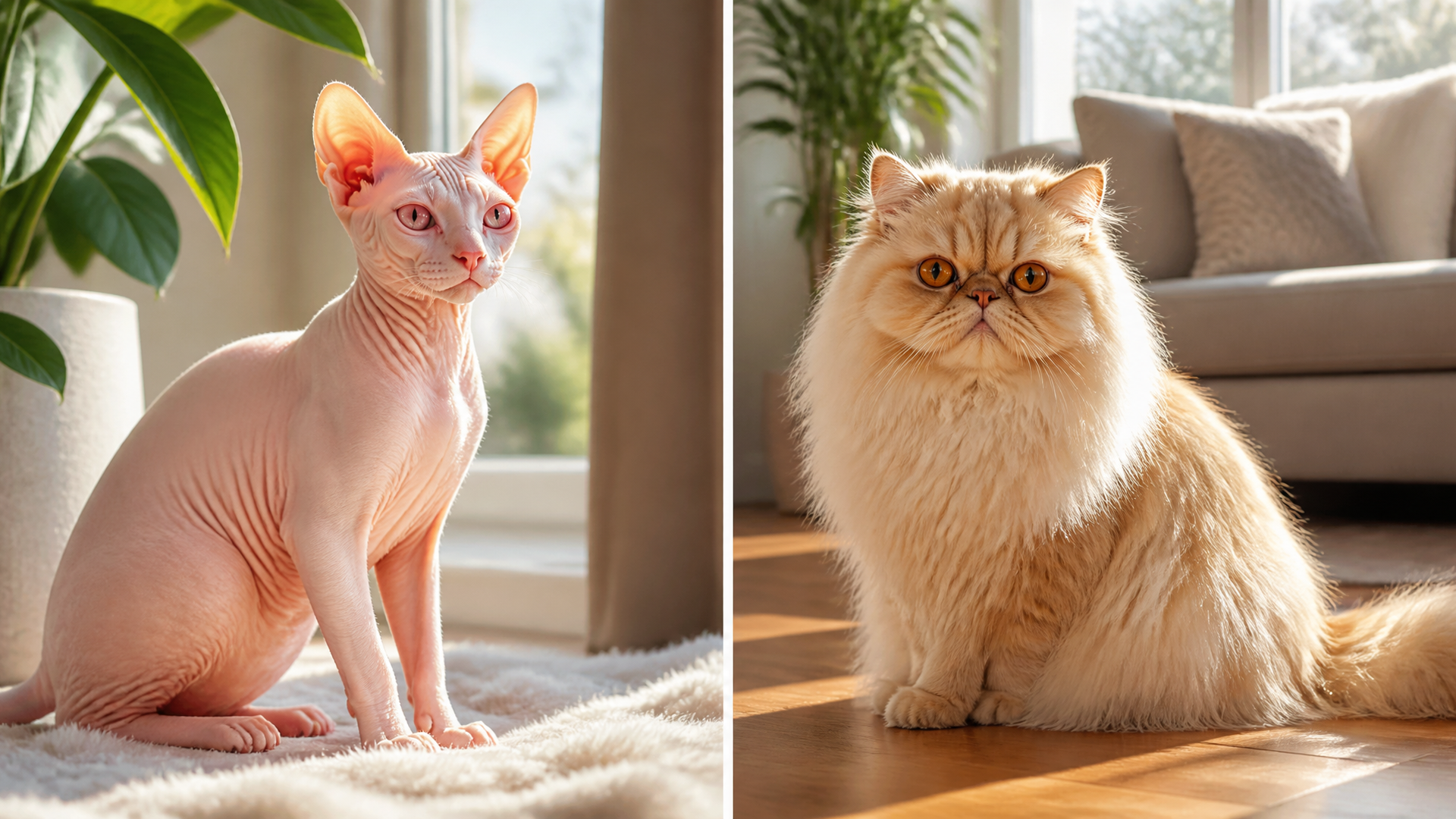 Close-up of an albino Sphynx cat with pink skin and pale blue eyes, sitting on a soft blanket.