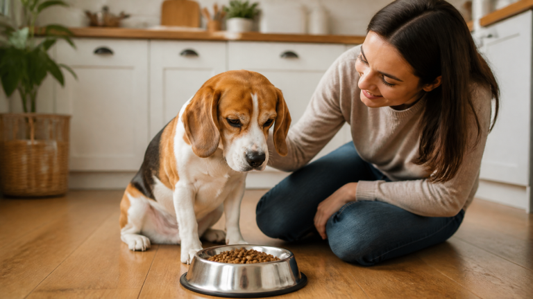 A beagle lying on a soft bed, looking calm, with a bowl of dog food nearby