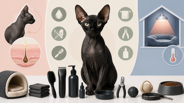 Black Sphynx cat sitting on a soft blanket, looking directly at the camera with large ears and smooth skin