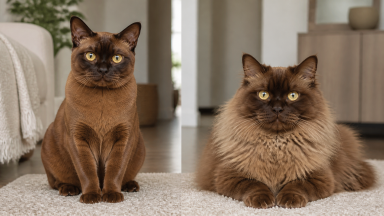 A fluffy long haired Burmese cat with golden eyes and a rounded body sitting on a soft surface