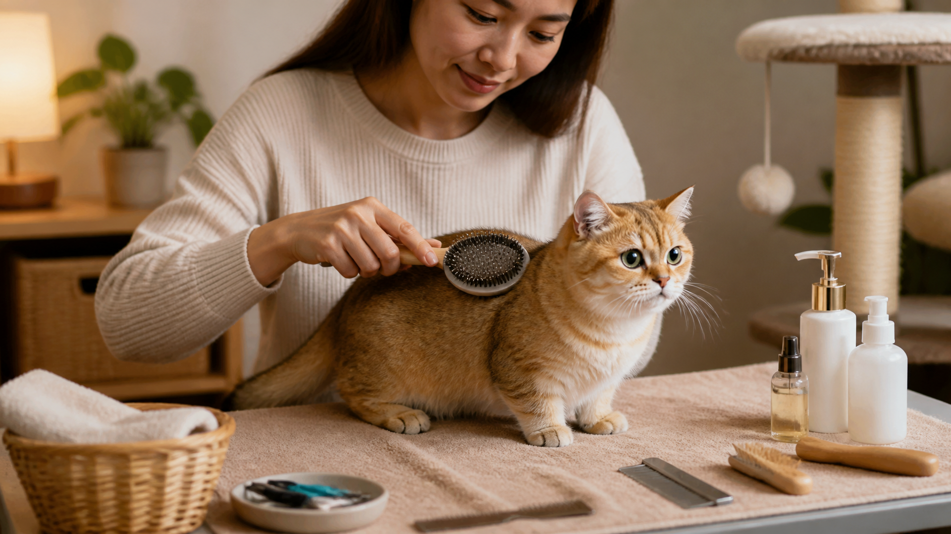 A Munchkin cat with short legs being gently brushed on a soft blanket, with grooming tools nearby.