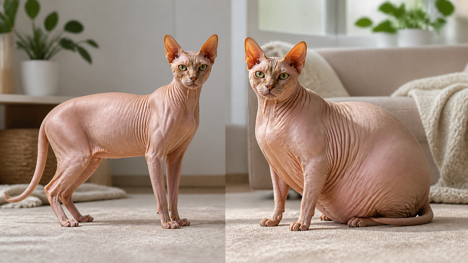 Close-up of a Sphynx cat lying on its side, showing a round belly and visible skin folds