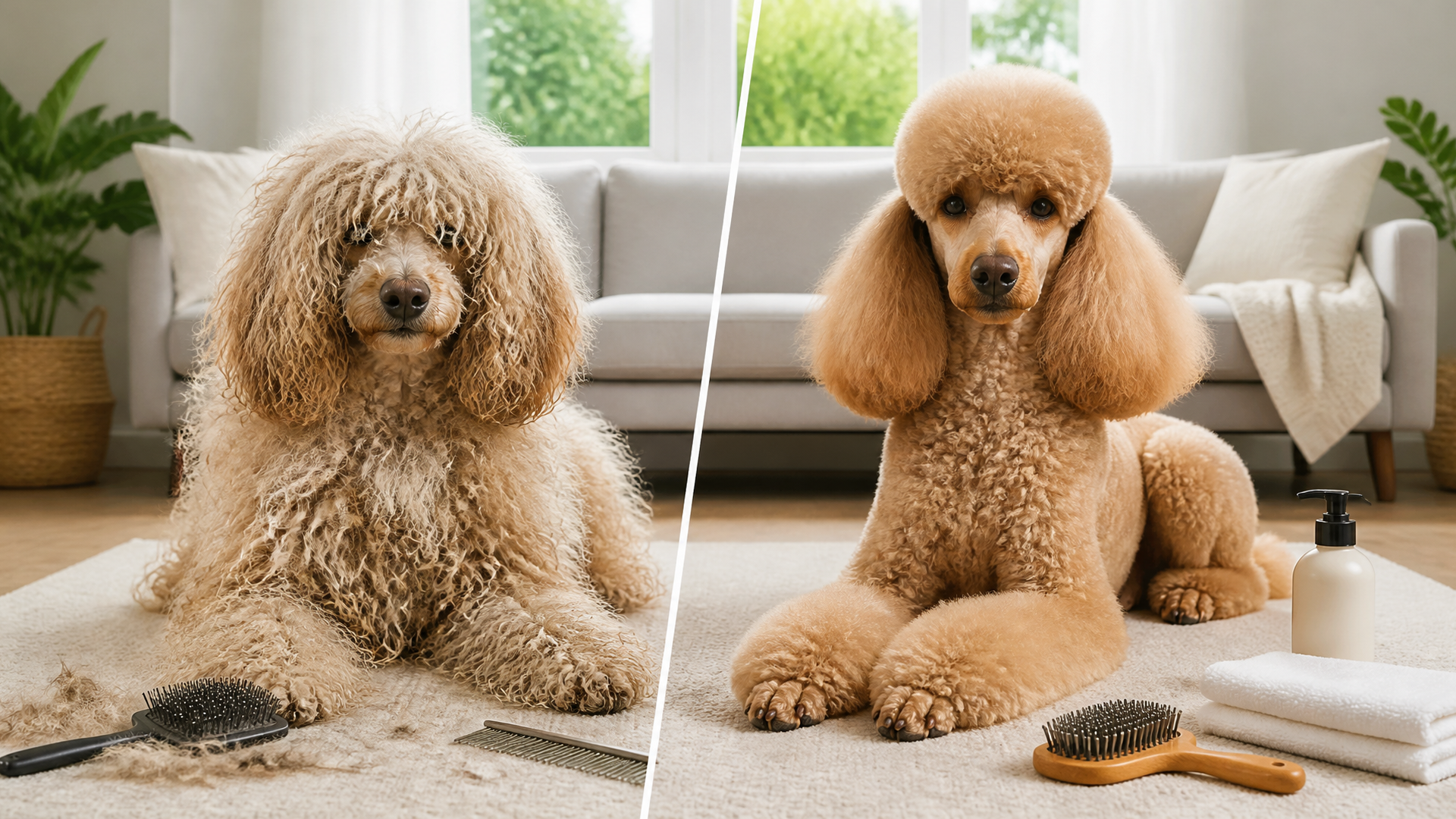 A white poodle sitting on a grooming table with a brush and comb nearby, ready for daily care