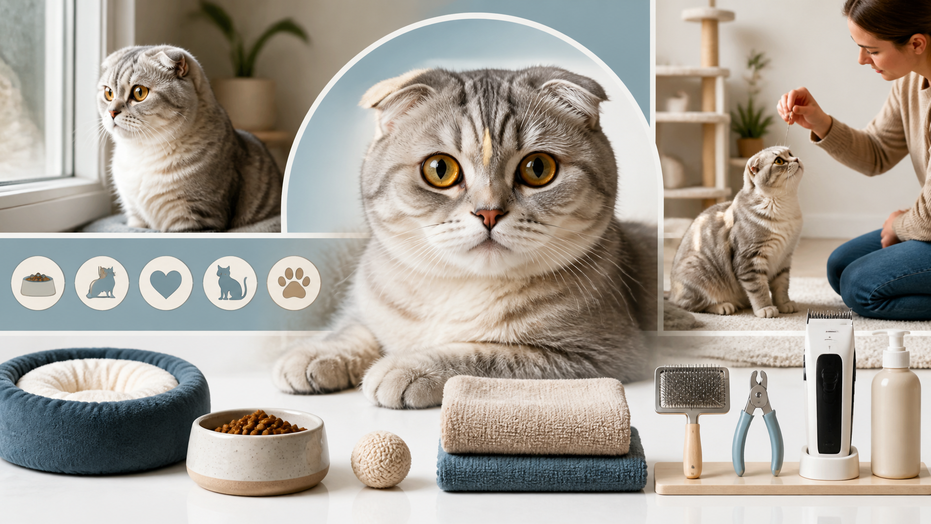 A Scottish Fold cat with folded ears and round eyes sitting on a soft blanket, looking calm and attentive.