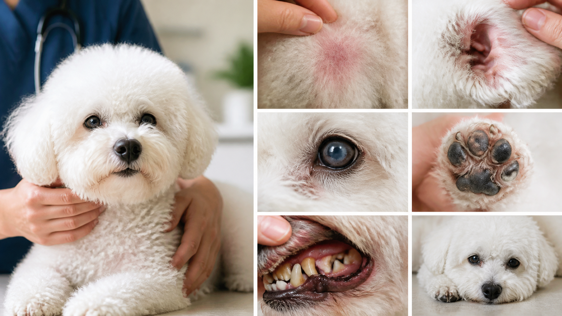 Senior Bichon Frise dog with graying fur resting on a soft bed, looking at the camera with gentle eyes