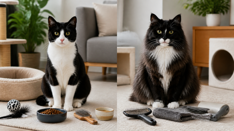 A black and white tuxedo cat sitting on a soft blanket, looking at the camera with bright eyes.