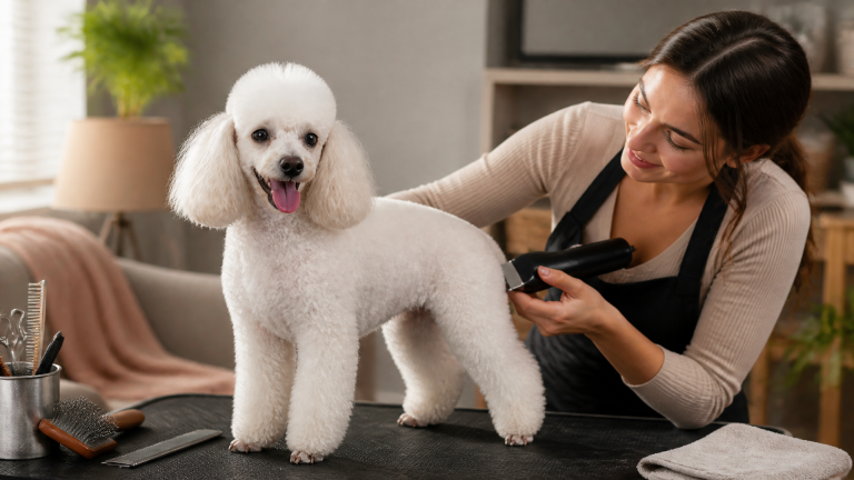 A metal 10 blade clipper attachment on a grooming table next to a white Poodle's paw
