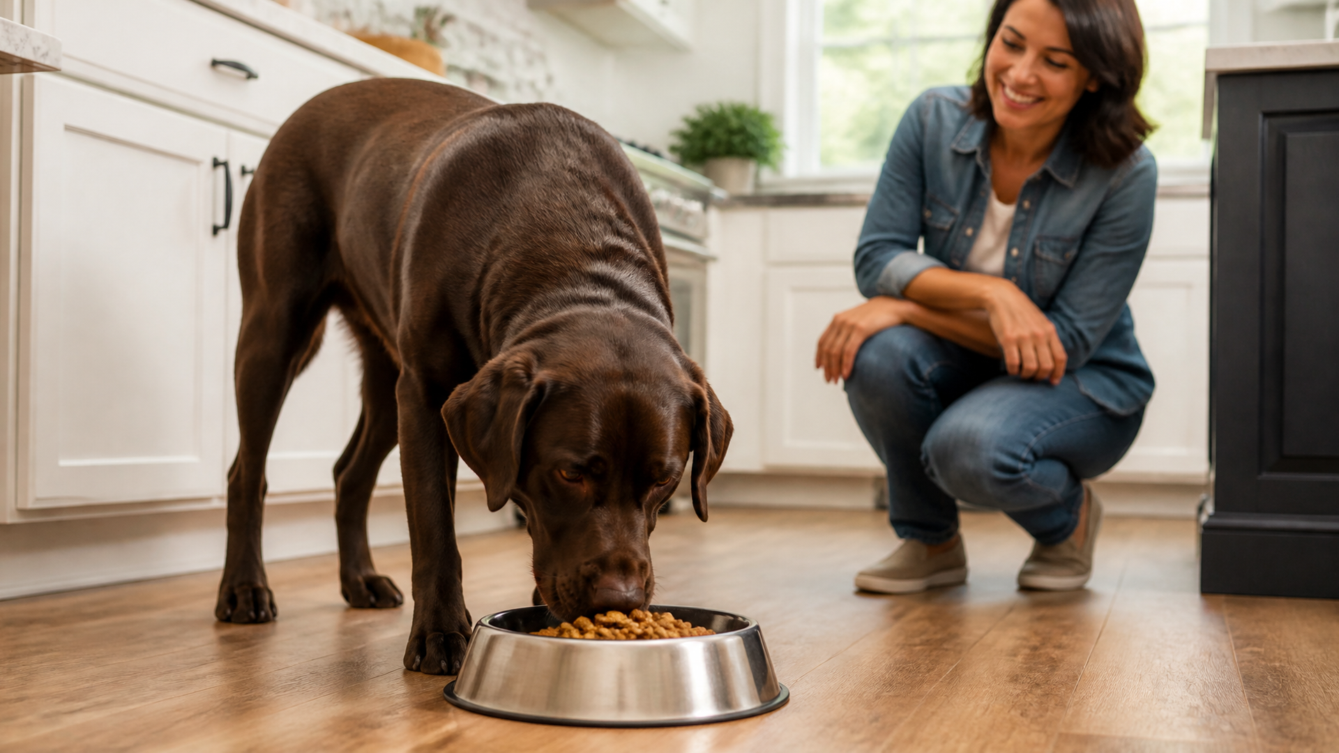 A Labrador retriever eating dry kibble from a large stainless steel dog bowl on a kitchen floor