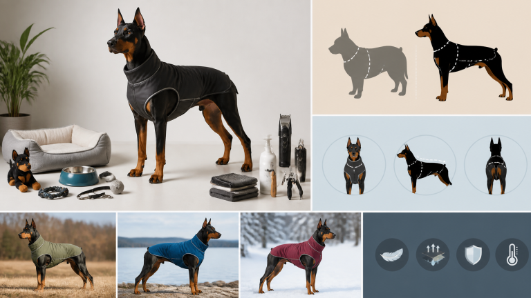 A Doberman wearing a fitted jacket, standing in a living room with measuring tape nearby.