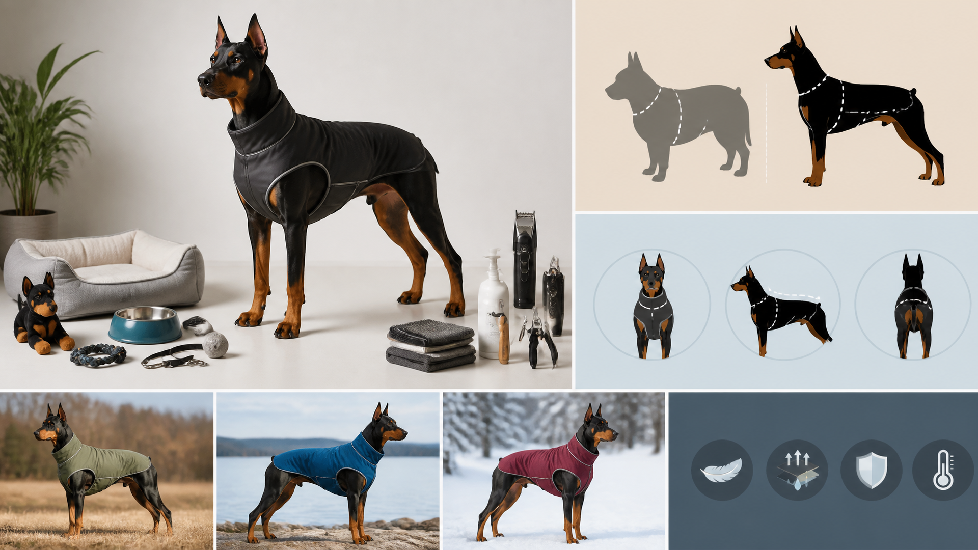 A Doberman wearing a fitted jacket, standing in a living room with measuring tape nearby.