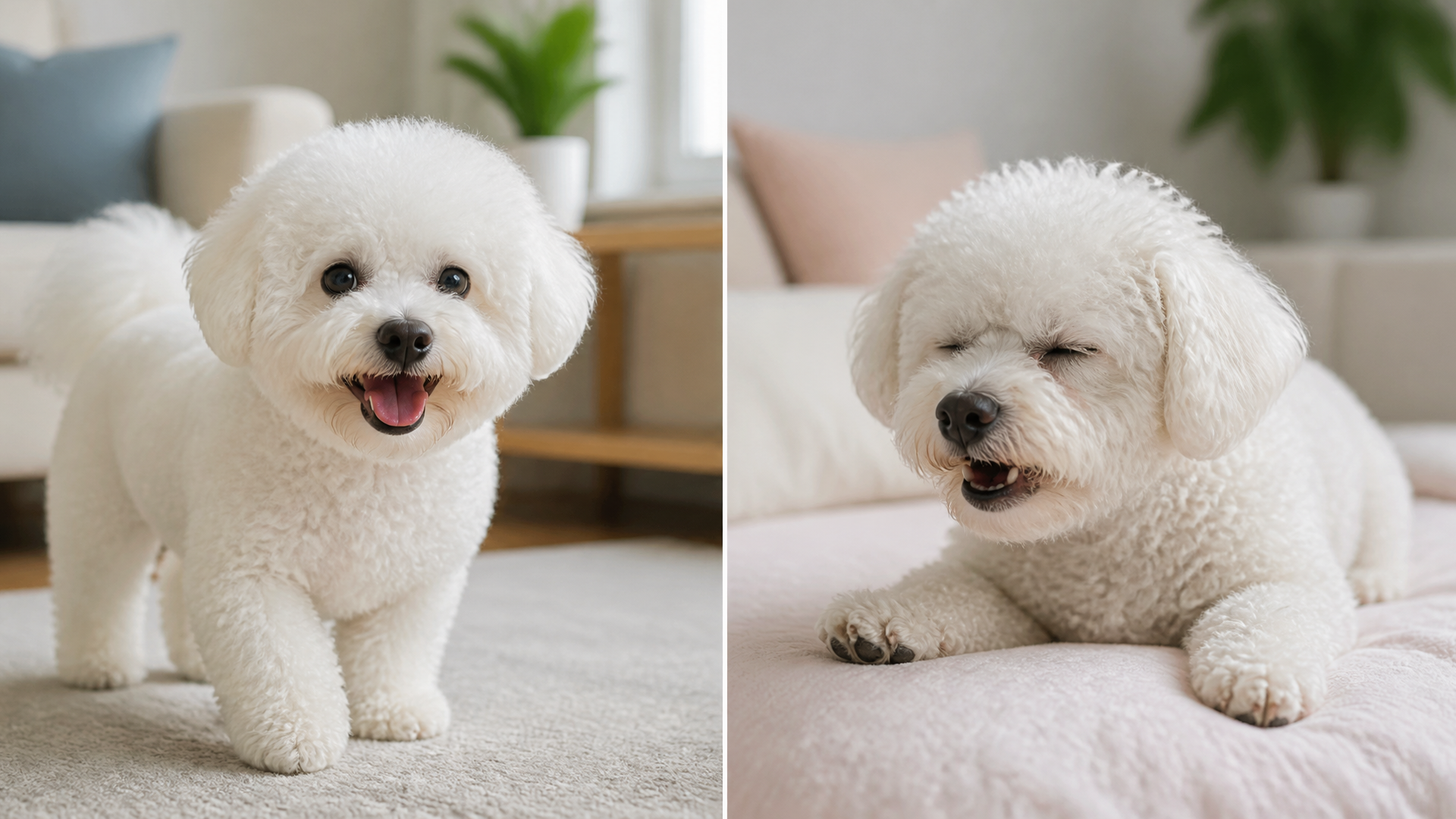 A Bichon Frise dog coughing with a concerned owner holding it, showing signs of respiratory distress.