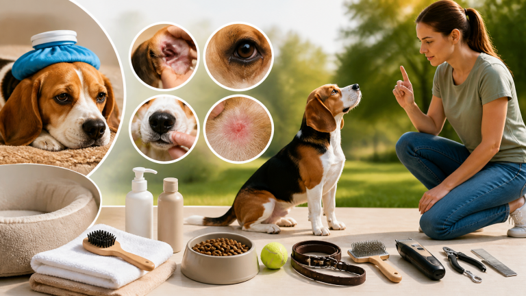 Beagle dog lying on a blanket with ears perked up, looking alert in a home setting