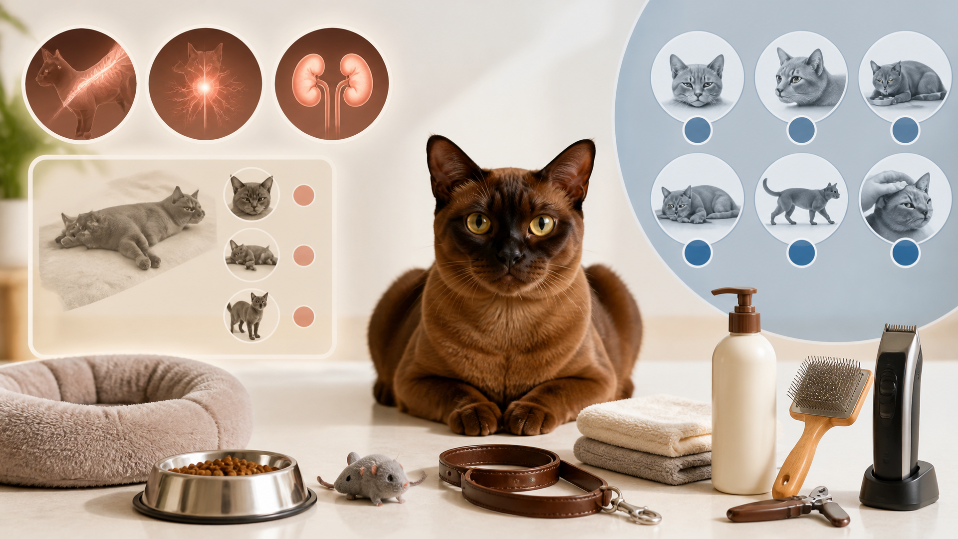 Burmese cat sitting on a sofa, looking alert and healthy, with a concerned owner nearby checking the cat's condition.