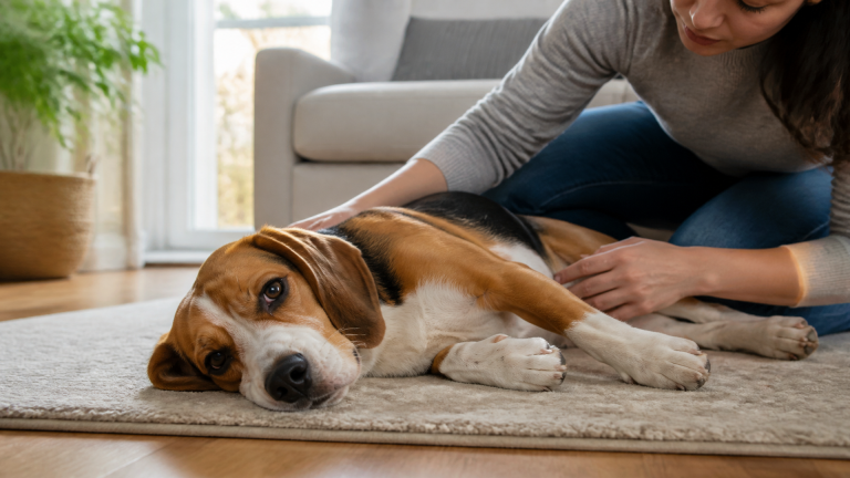 Beagle dog lying on a soft blanket, looking calm and alert, with a concerned owner nearby