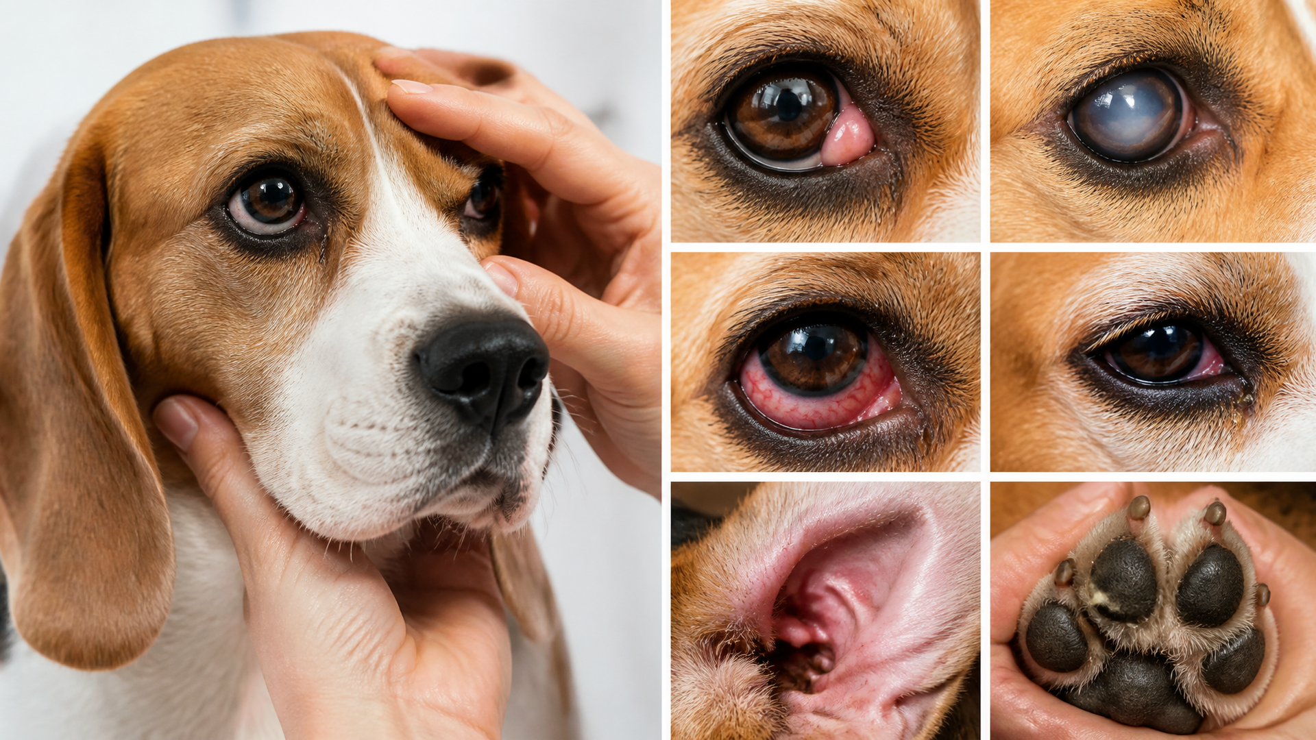 Close-up of a Beagle dog with a concerned expression, highlighting its brown eyes and black nose against a soft background.