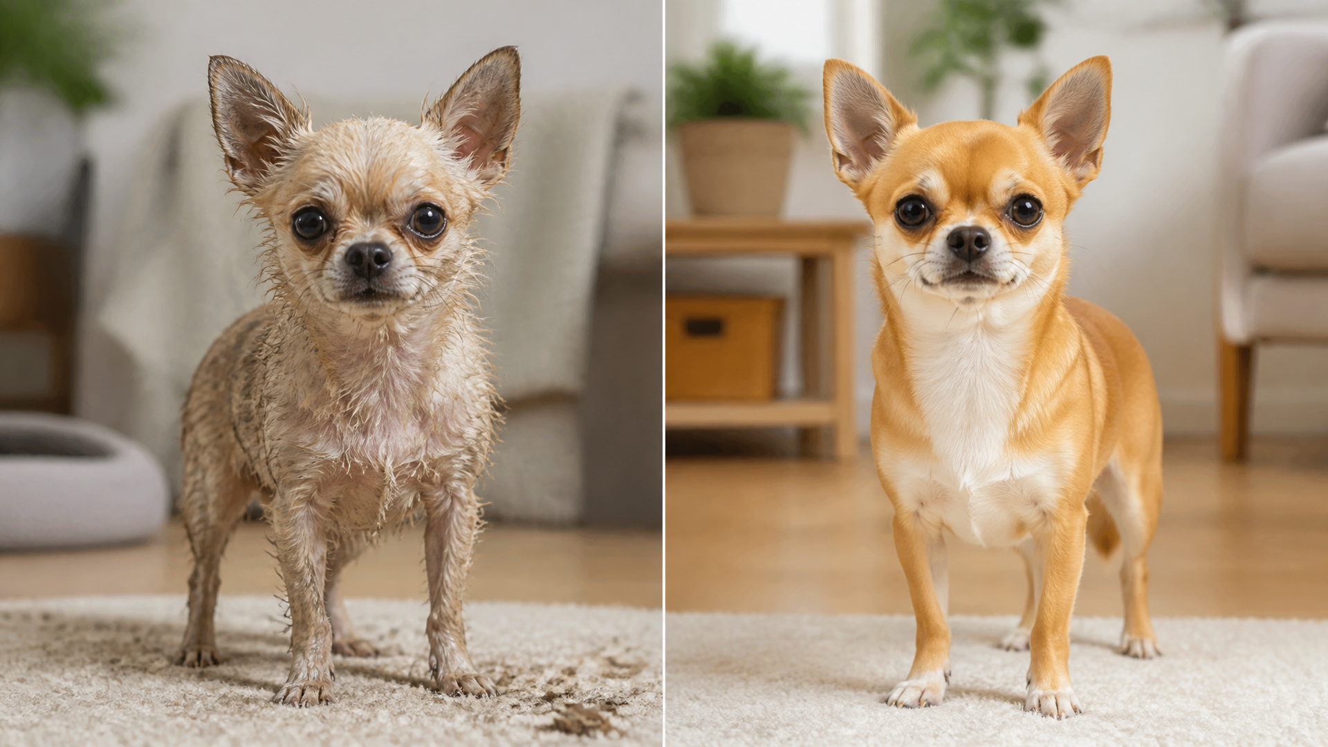 A Chihuahua sitting on a blanket, looking at the camera with a curious expression