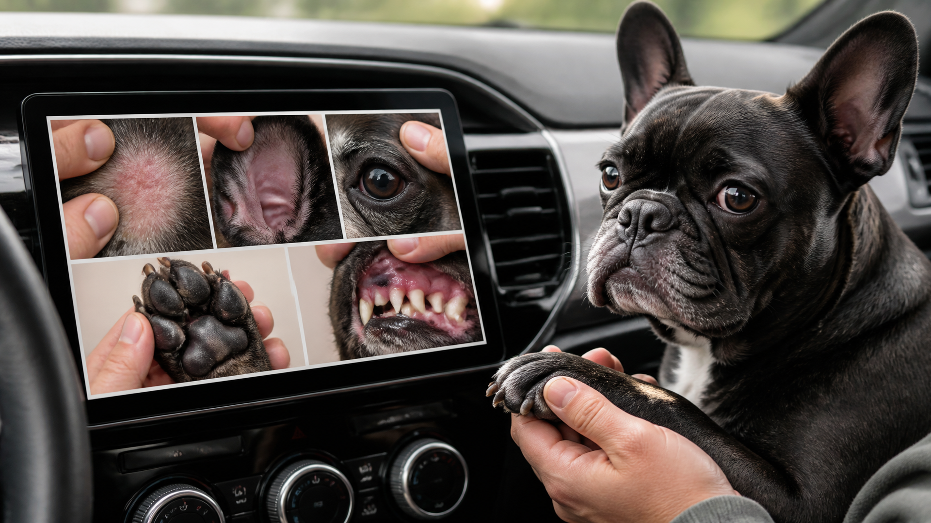 French Bulldog sitting on a rug, holding one front paw up, looking at the camera with a concerned expression