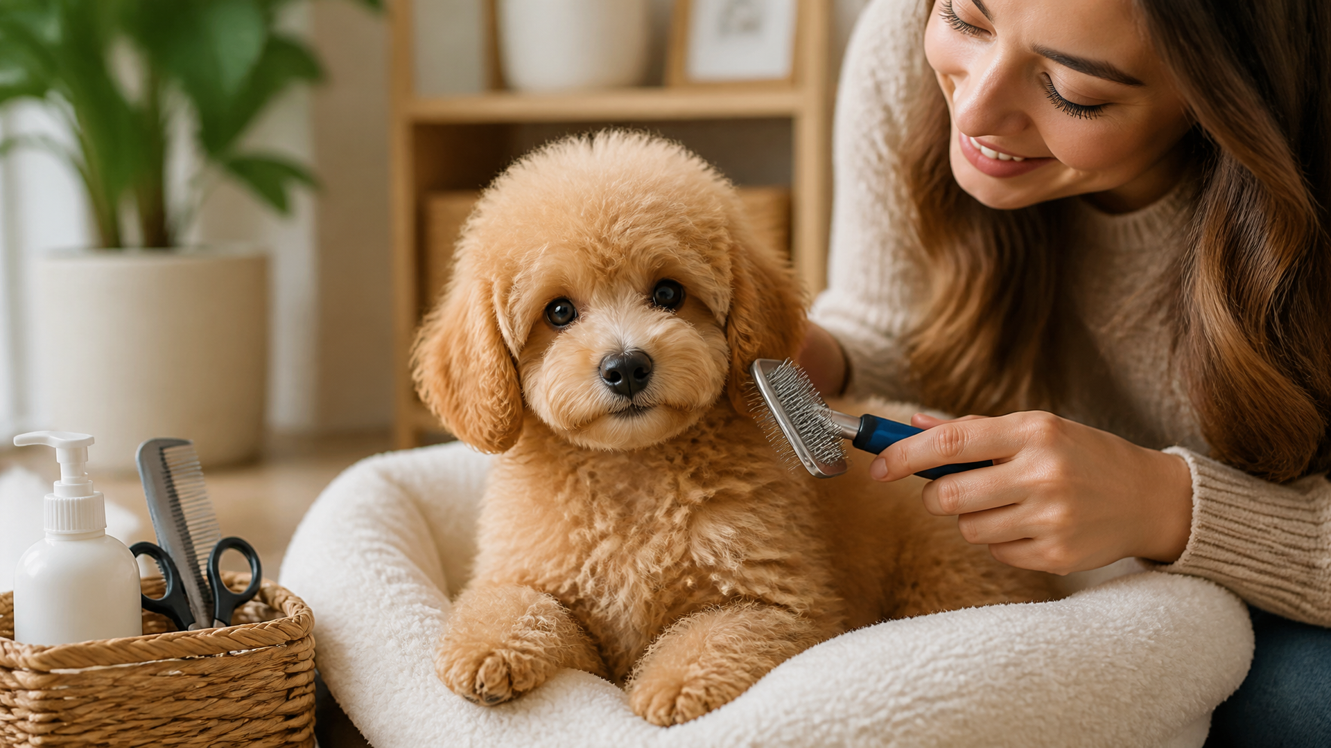 A fluffy poodle puppy with soft curly fur sitting on a rug, showing the transition from baby fluff to adult coat.