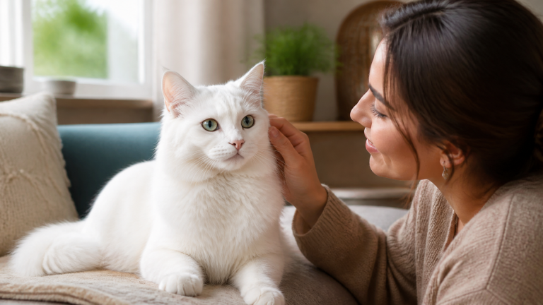 White Turkish Angora cat with blue and amber eyes sitting on a soft blanket, looking alert and healthy.