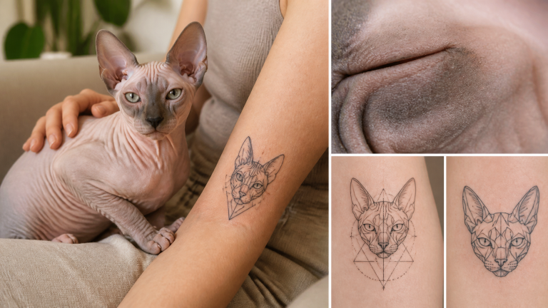 Minimalist geometric Sphynx cat tattoo design on paper, featuring clean lines and angular shapes