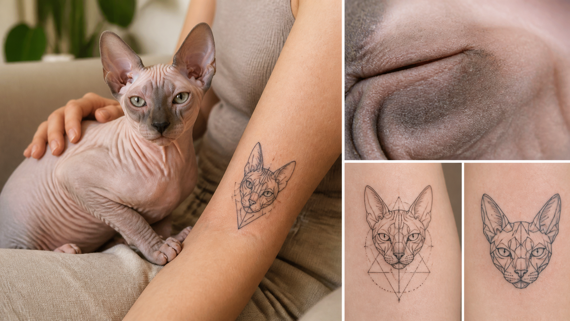 Minimalist geometric Sphynx cat tattoo design on paper, featuring clean lines and angular shapes