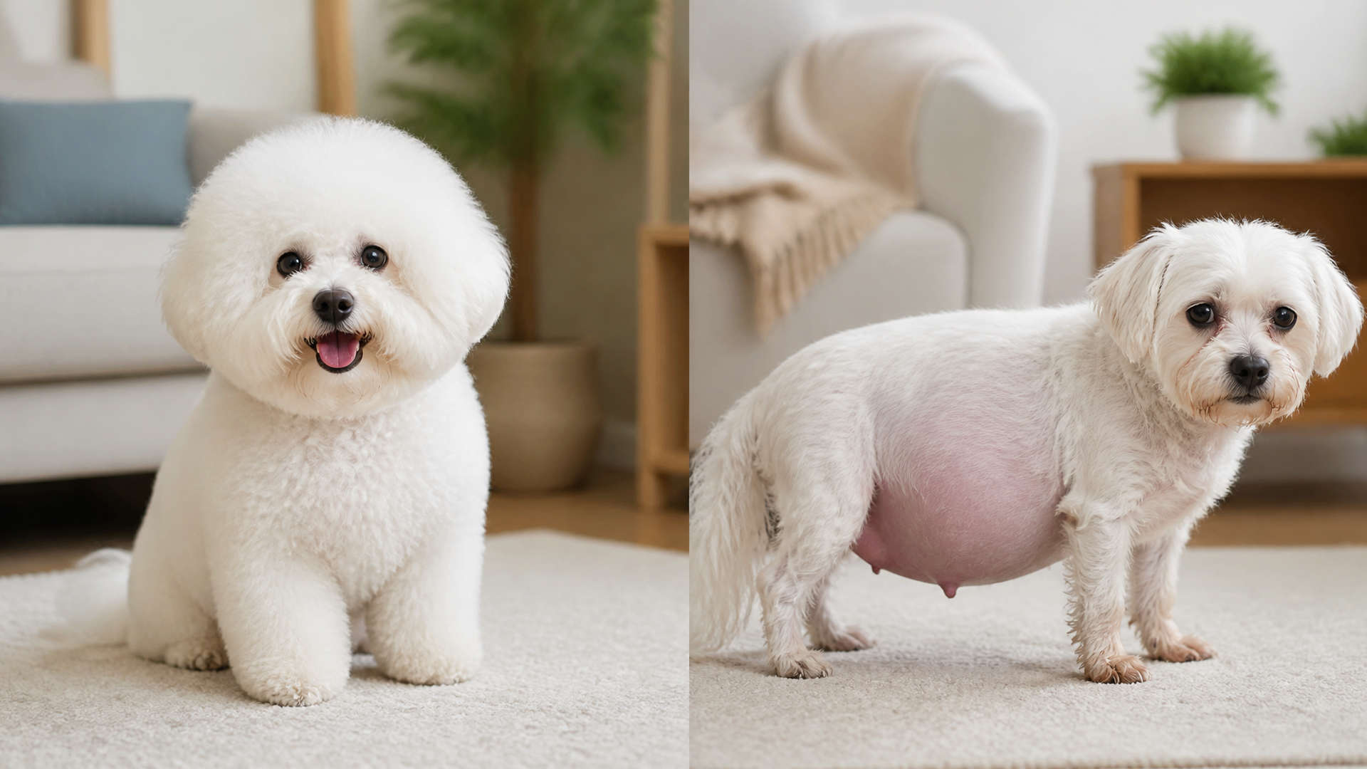A white Bichon Frise dog sitting on a couch, looking at the camera with a slightly rounded belly