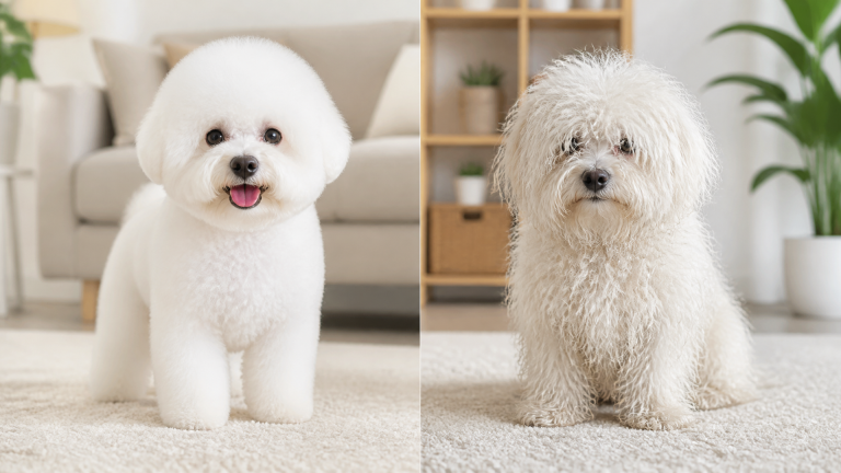 White Bichon Frise with fluffy groomed coat sitting on a grooming table, soft fur visible
