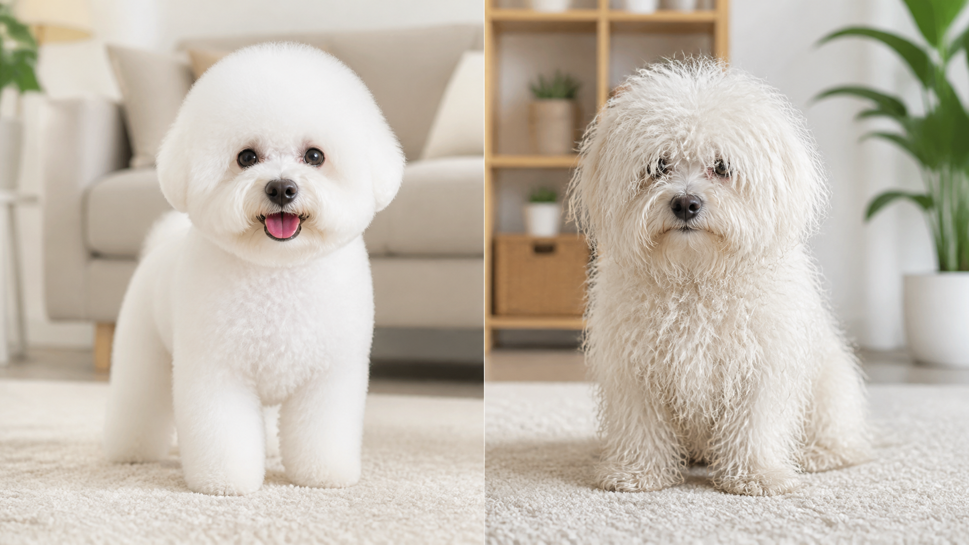 White Bichon Frise with fluffy groomed coat sitting on a grooming table, soft fur visible