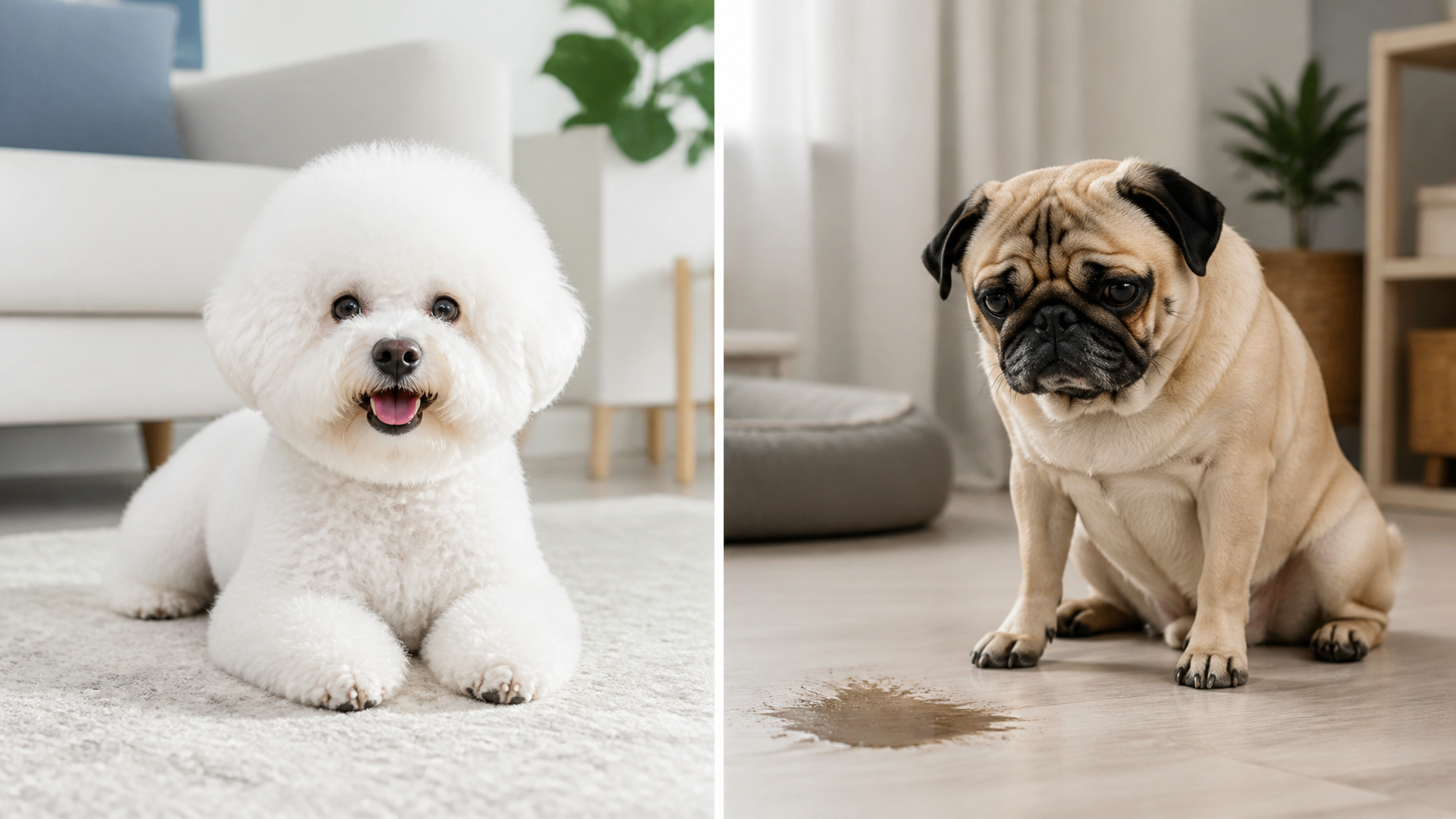 A white Bichon Frise sitting on a soft rug, looking at the camera with a concerned expression