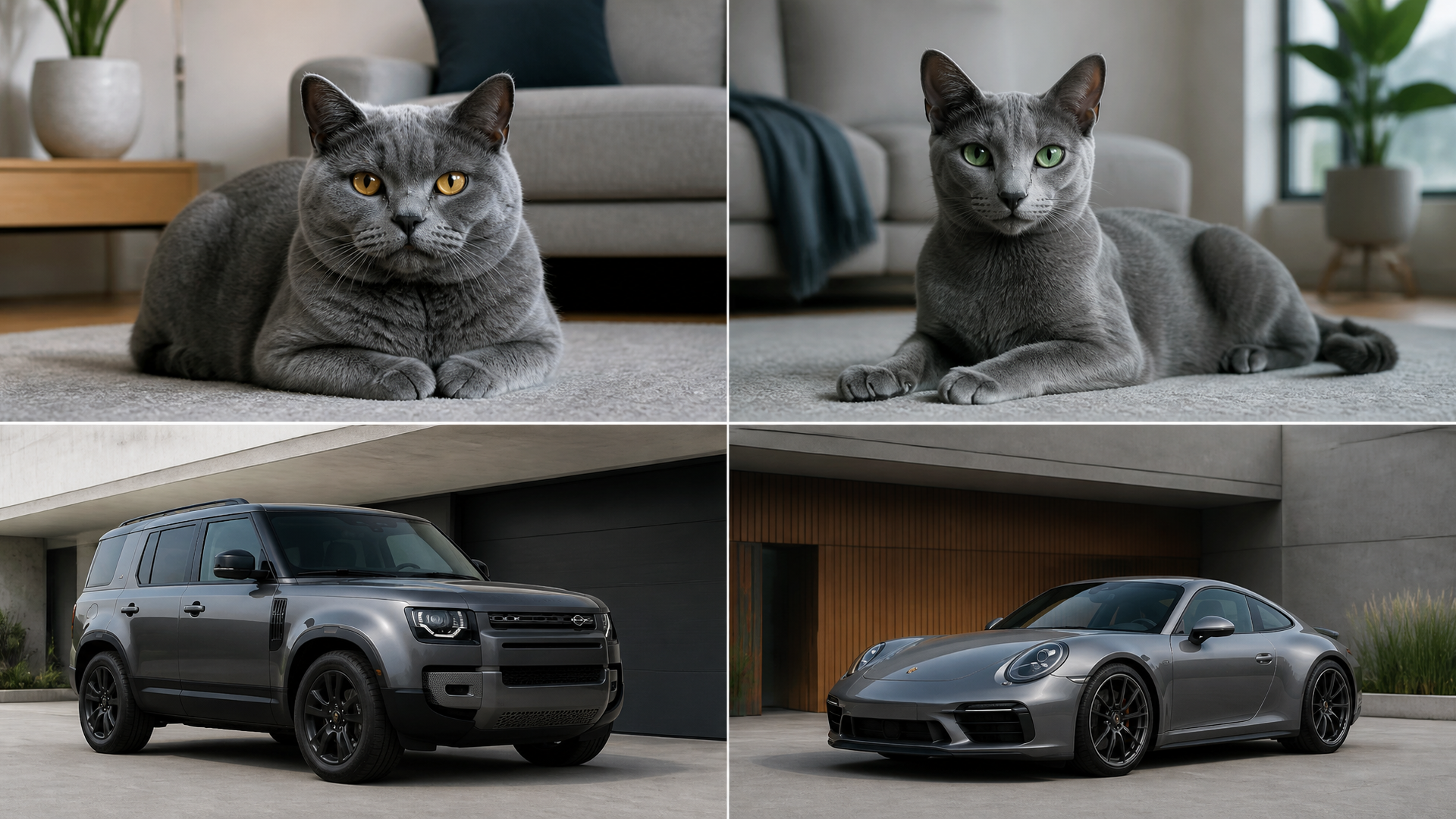 Two blue-gray cats sitting side by side, one Chartreux and one Russian Blue, showing subtle differences in coat texture an...