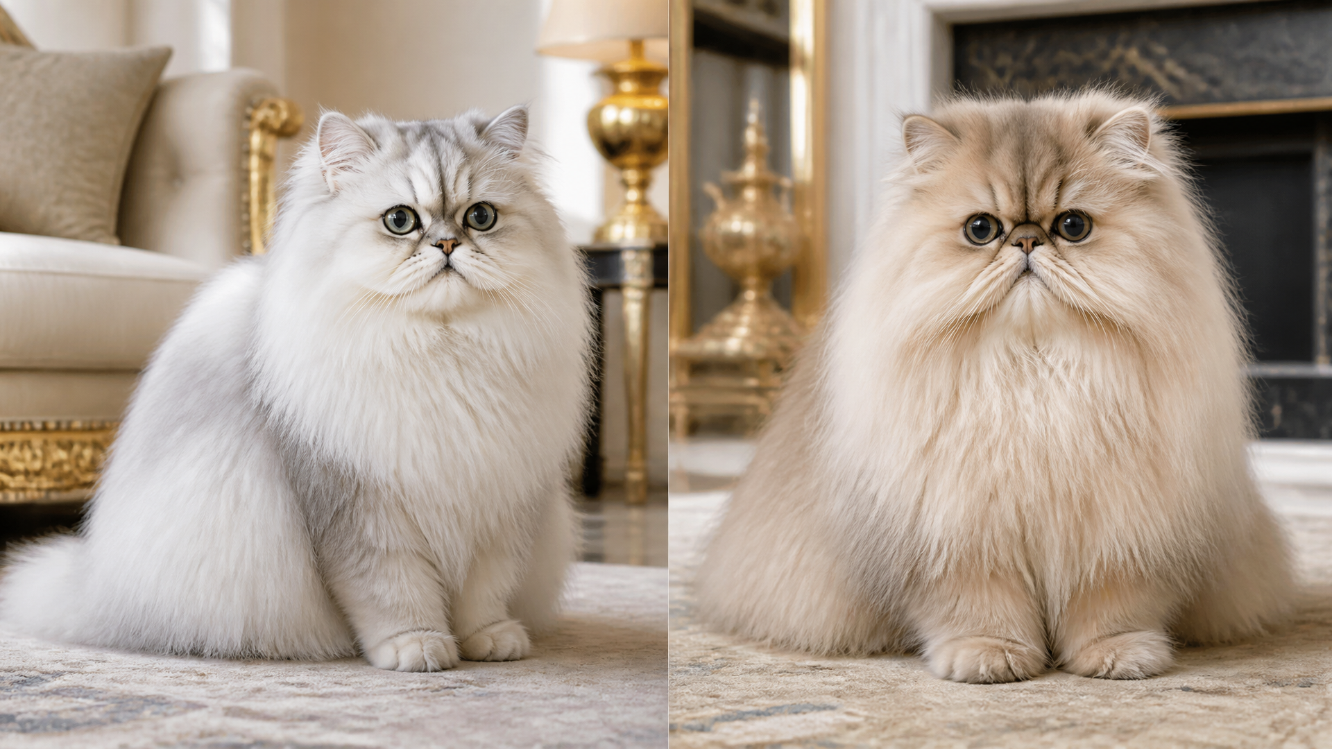 Two Persian cats side by side, one with a traditional doll-like face and one with an ultra-flat peke face, showing their d...