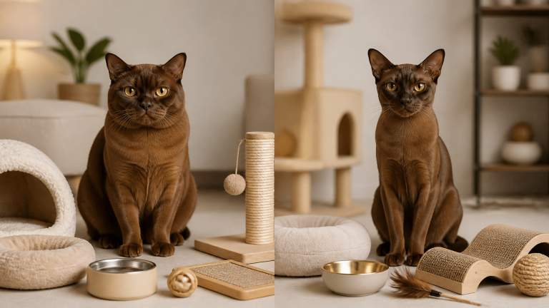 Two Burmese cats side by side, one with a stockier build and rounder face, the other sleeker with a longer face.