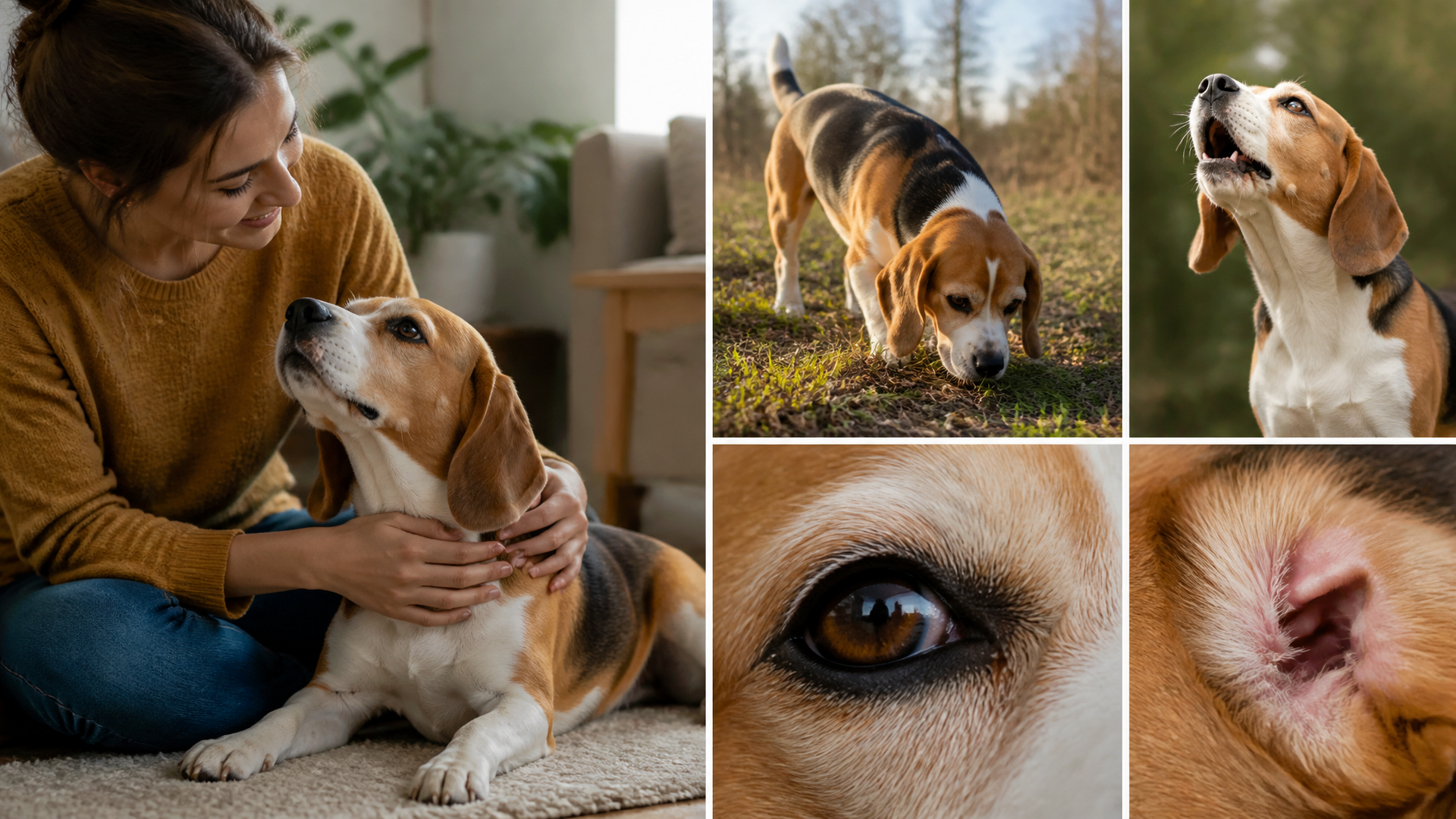 Beagle with nose to the ground in a grassy field, ears flopped forward, tail up while tracking a scent