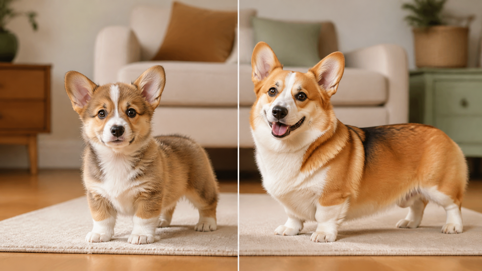 A fluffy Corgi puppy with a mix of tan and white fur, showing early signs of coat color transition.