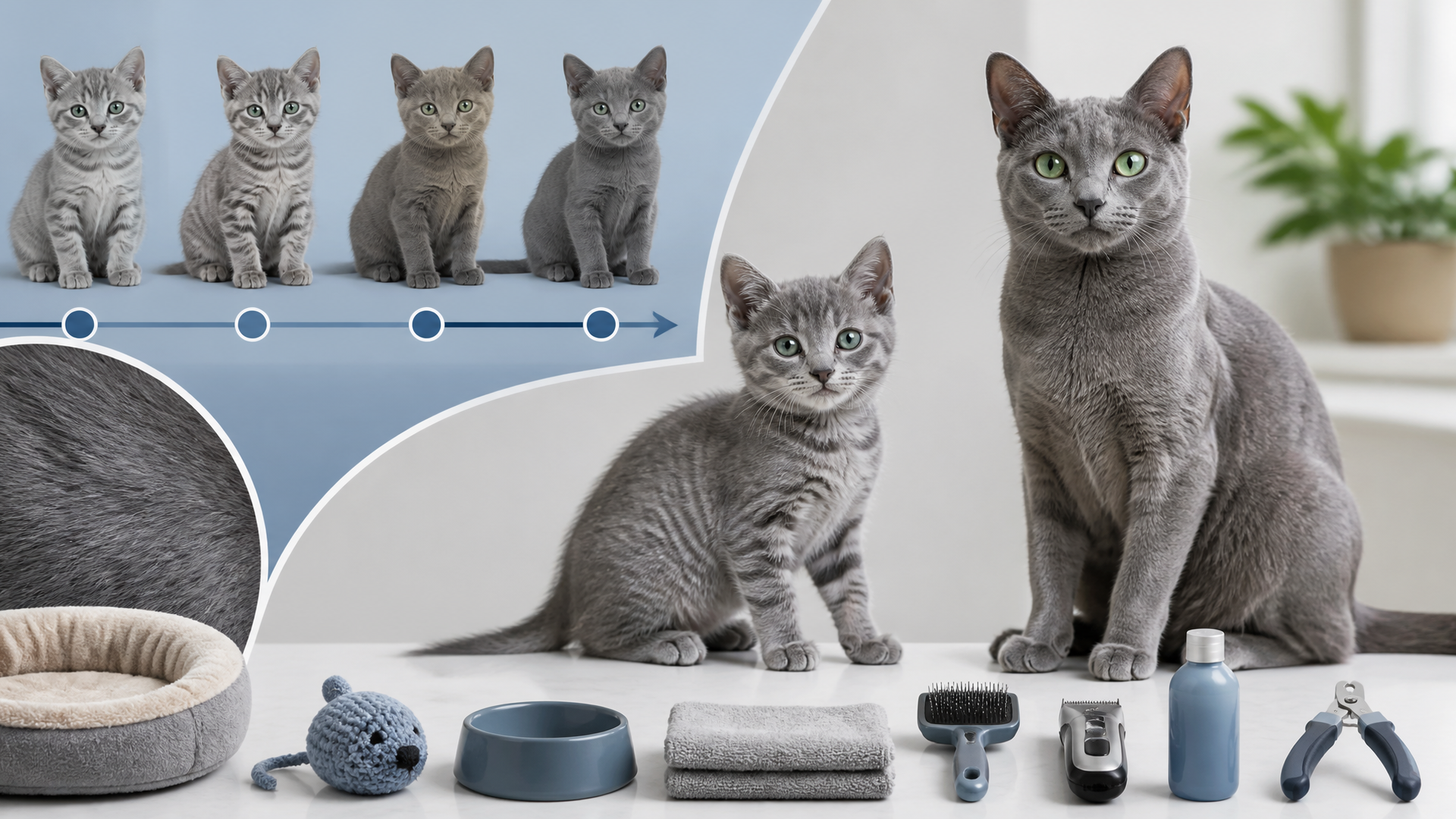 A young Russian Blue kitten with faint tabby stripes on its fur, sitting on a soft blanket.