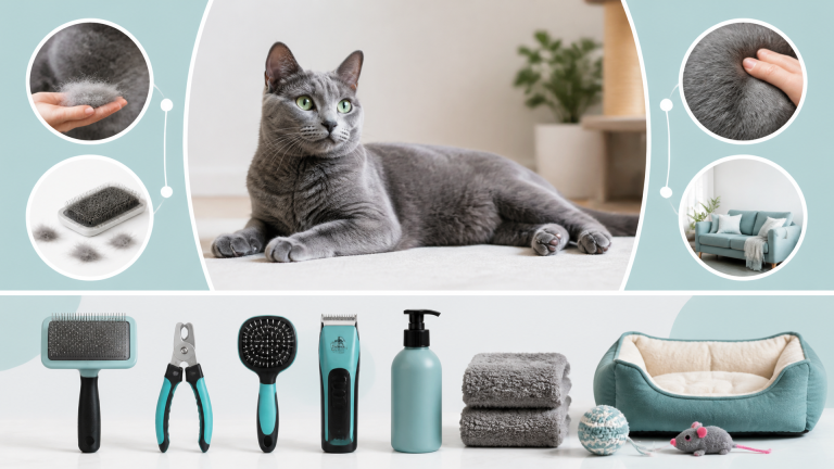 A Russian Blue cat with a sleek silver coat lounging on a soft blanket, showing its fine, short fur.