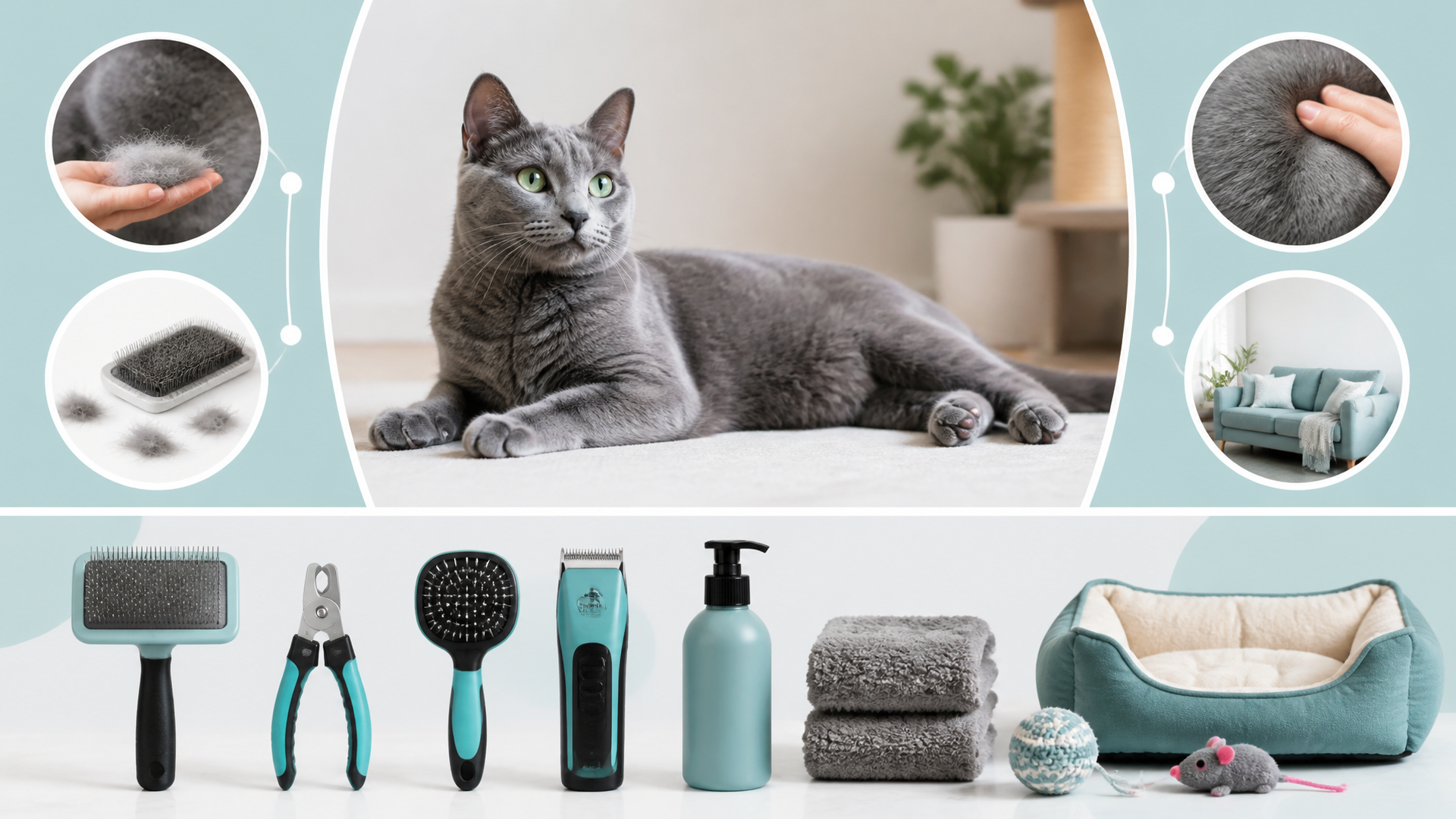 A Russian Blue cat with a sleek silver coat lounging on a soft blanket, showing its fine, short fur.
