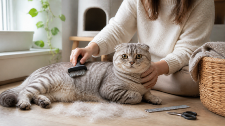 A Scottish Fold cat with folded ears and plush coat sitting on a sofa, with visible fur on the fabric