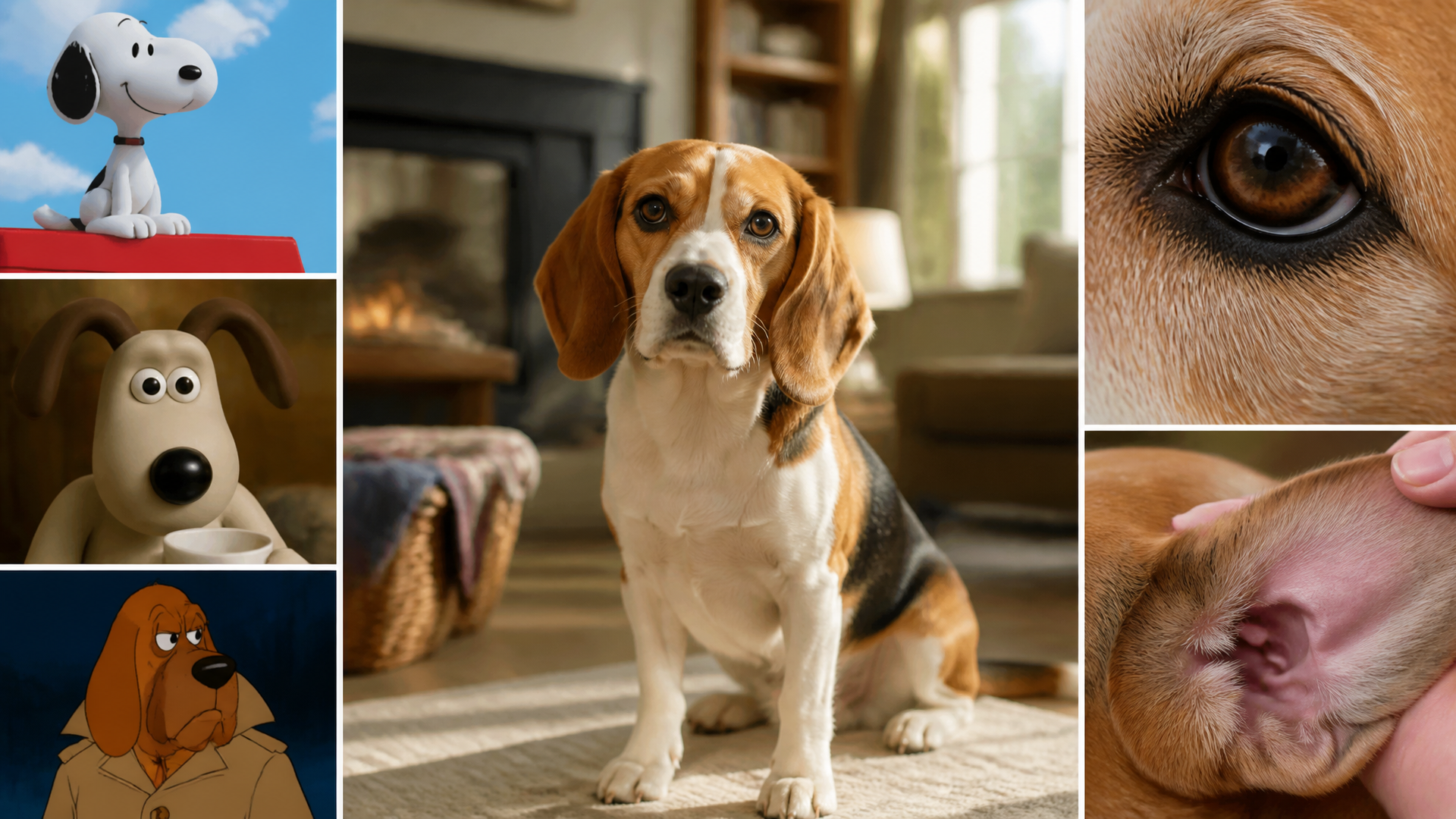 Beagle dog sitting outdoors with alert ears and soulful eyes, looking at camera