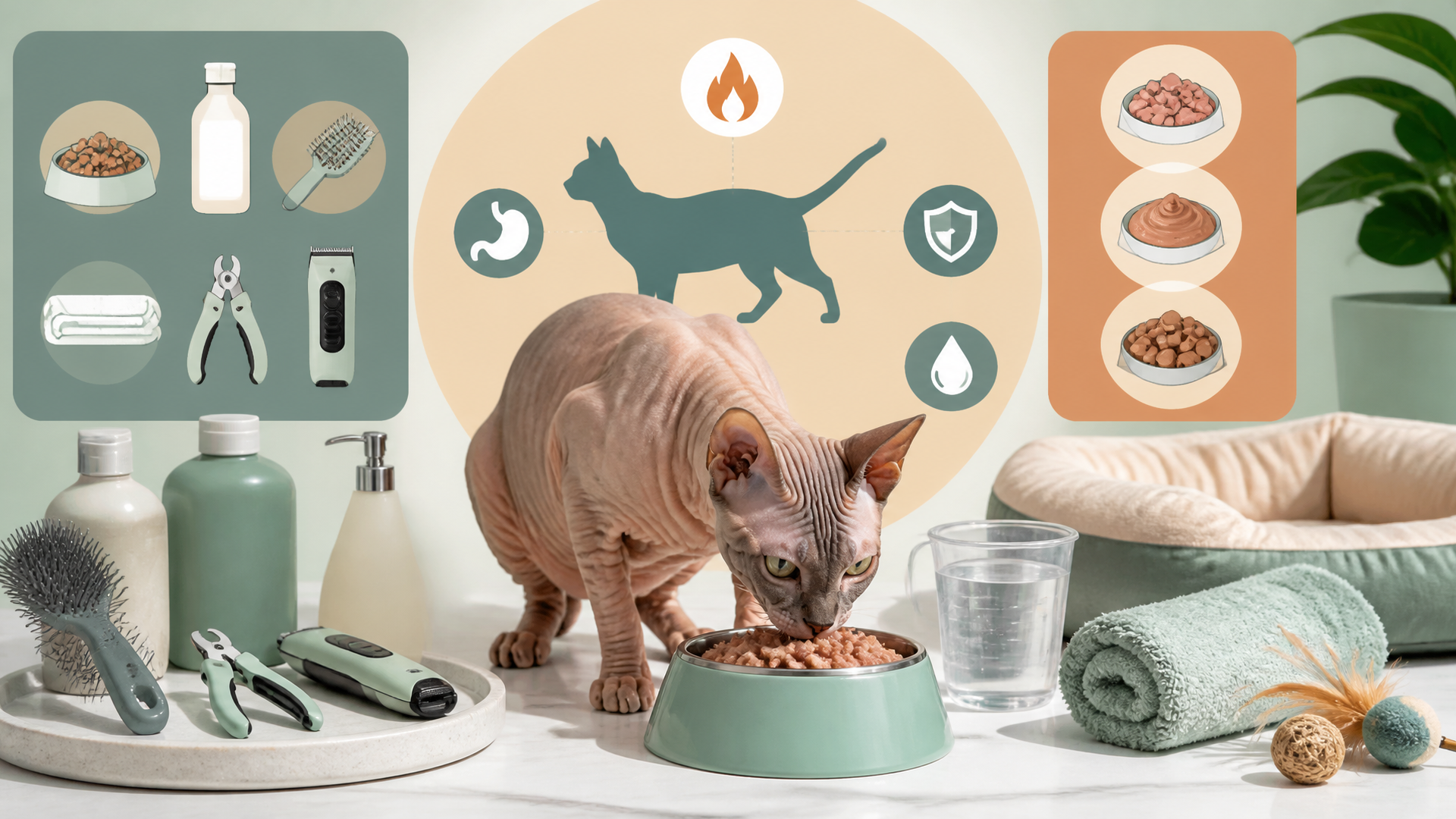 A hairless Sphynx cat eating wet food from a bowl on a kitchen floor, with a measuring cup nearby