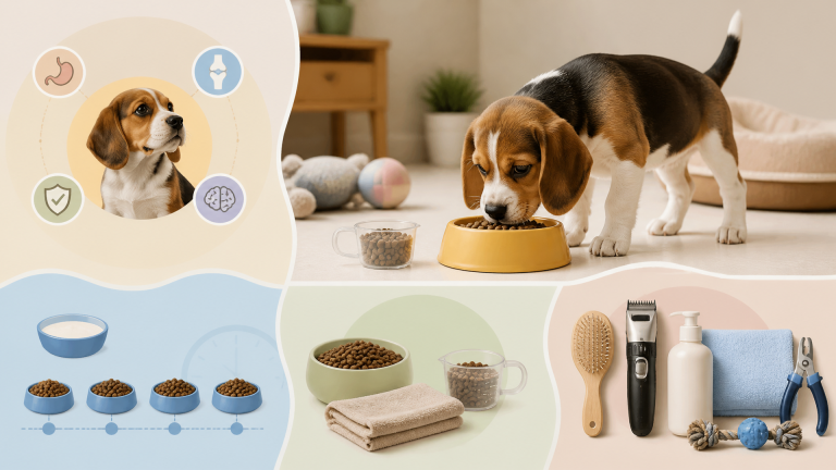 Close-up of a small Beagle puppy sitting next to a stainless steel dog bowl filled with kibble, looking up expectantly.