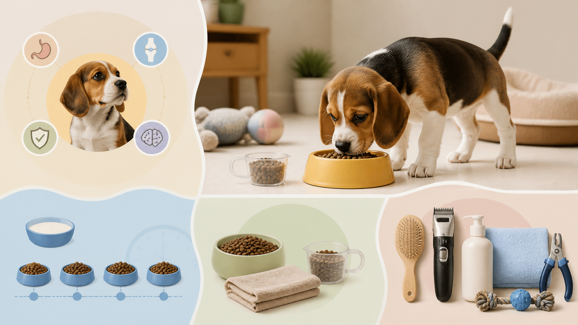 Close-up of a small Beagle puppy sitting next to a stainless steel dog bowl filled with kibble, looking up expectantly.