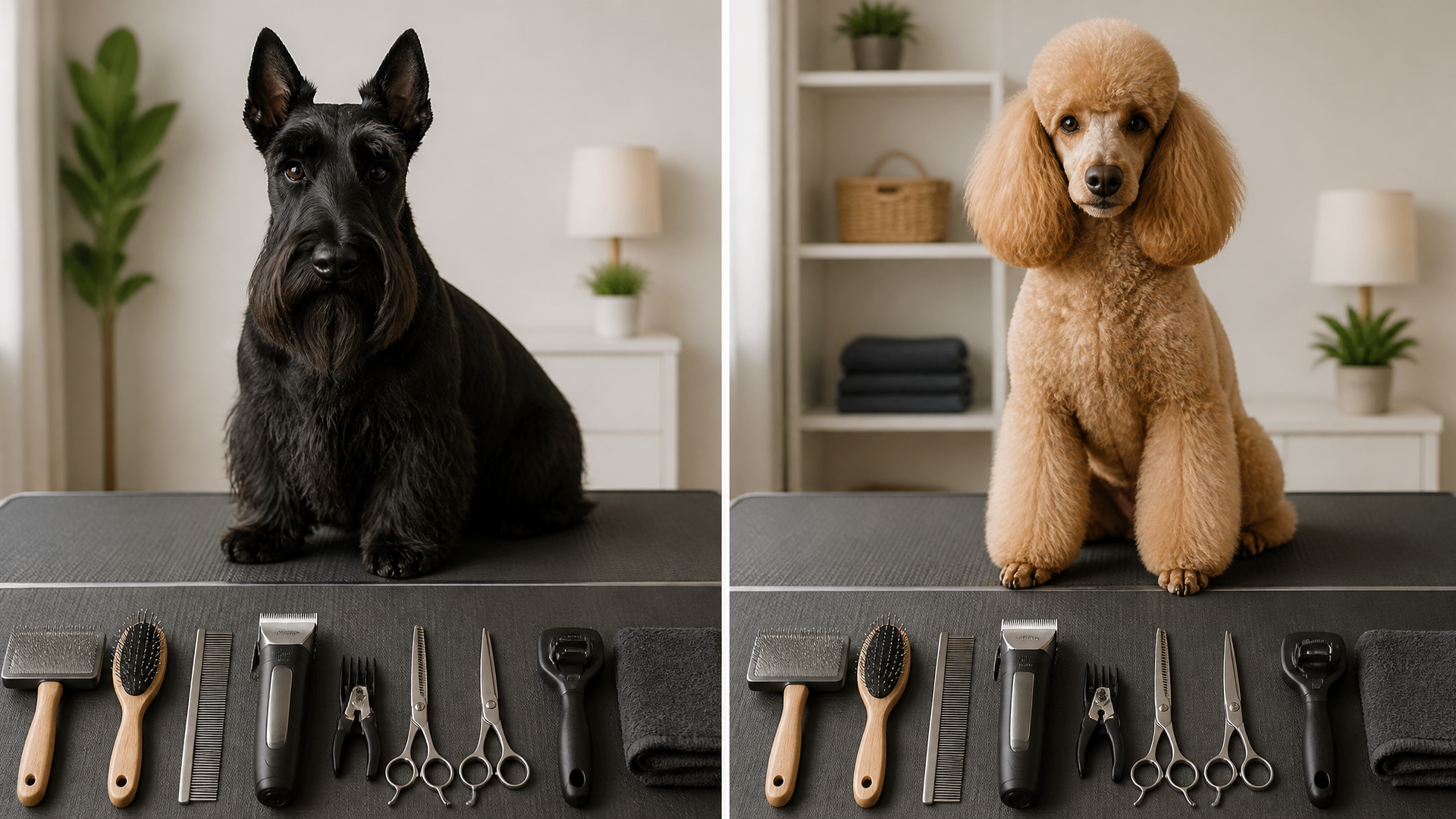 Scottish Terrier sitting on grooming table with brush, comb, clippers, and nail grinder arranged nearby