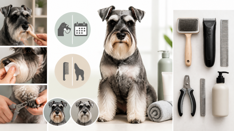 A Miniature Schnauzer with a neatly trimmed beard and eyebrows sitting on a grooming table
