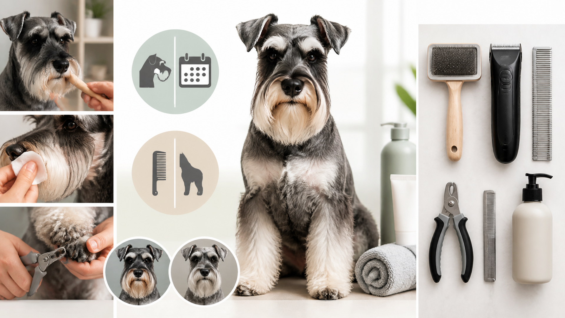 A Miniature Schnauzer with a neatly trimmed beard and eyebrows sitting on a grooming table